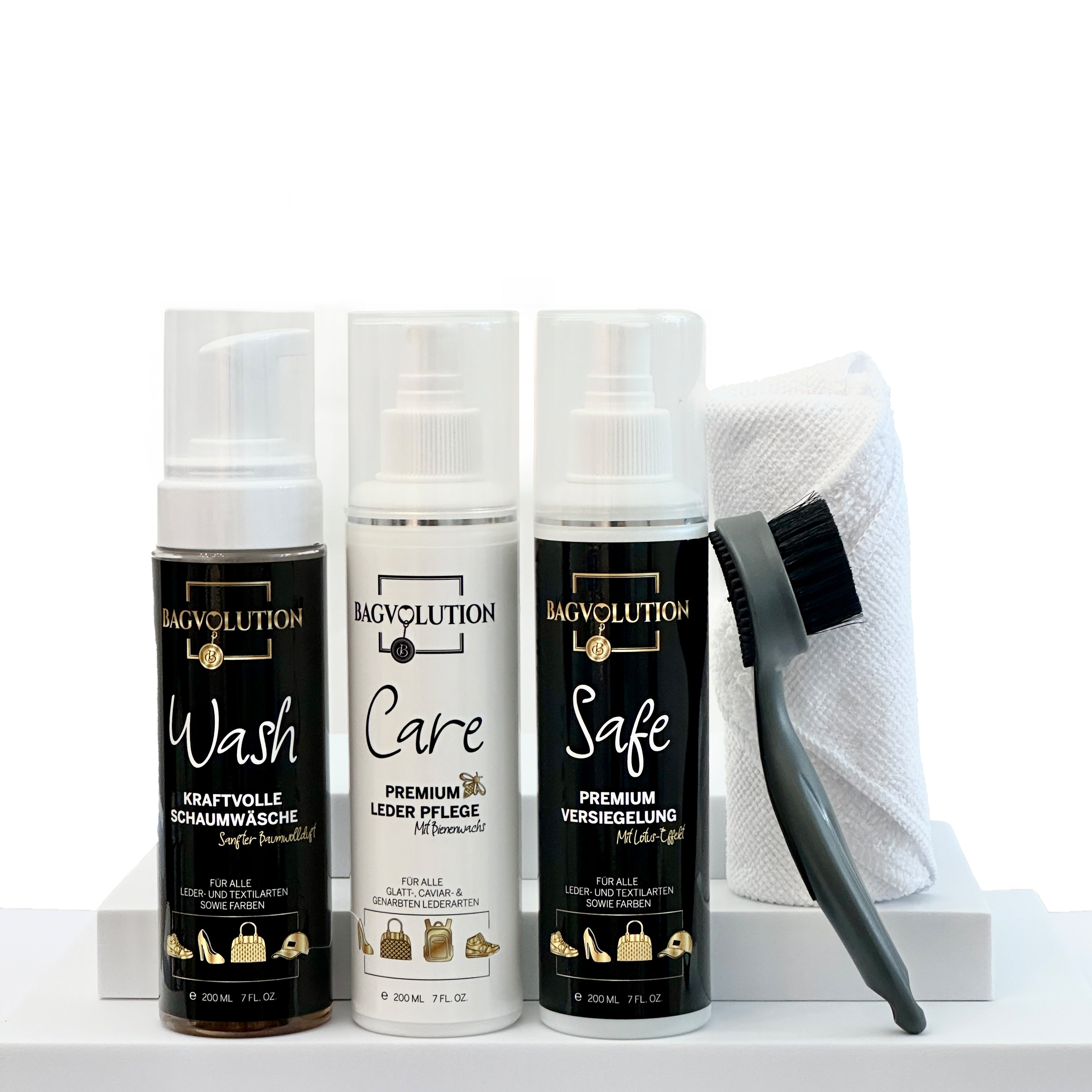 《CLASSIC SET》consisting of foam cleaner, care lotion, waterproofing sp