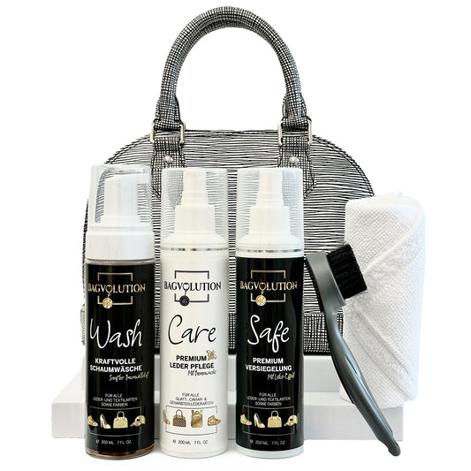 《CLASSIC SET》consisting of foam cleaner, care lotion, waterproofing spray, hand brush and microfiber cloth