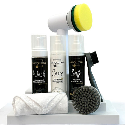 Designer Handtaschen Pflege, Bagvolution SPA SET, Handtaschen Reinigung, Schaumreiniger, Pflegelotion, Imprägnierspray, Handbürste, Mikrofasertuch, Akku-Bürste, Handtaschenpflege-Kit, Lederpflege, Taschenpflege-Accessoires, Luxus-Handtaschenpflege, Premium Reinigungsset, Designer-Accessoires Pflege, Modepflege, Taschenreinigungstools, Exklusives Pflegeset, Ledertaschenpflege, Luxus-Accessoires Reinigung