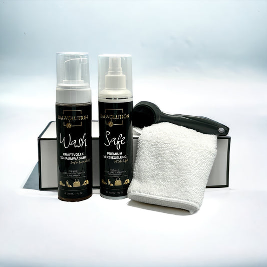 《SAFE SET》consisting of foam cleaner, waterproofing spray, hand brush and microfiber cloth